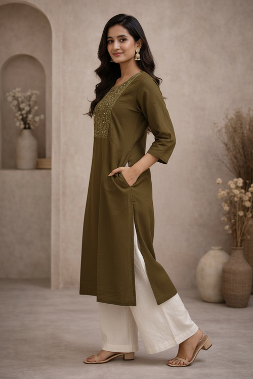 Side view of olive green kurti with embroidered yoke