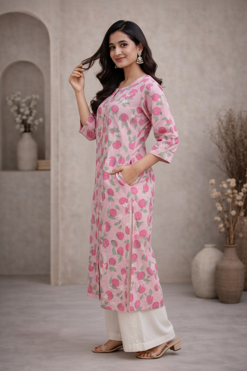 Side view of pink floral printed kurti with palazzo
