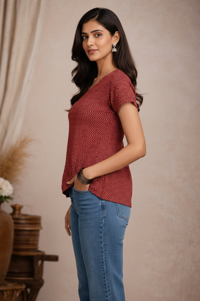 Side view of red chevron patterned top