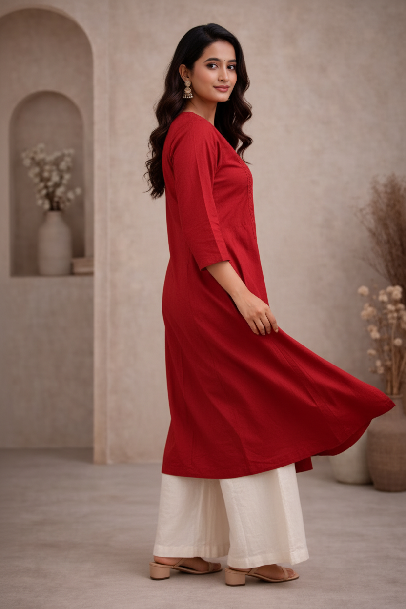Side view of red kurti with embroidered yoke