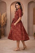 Side view of red patterned dress