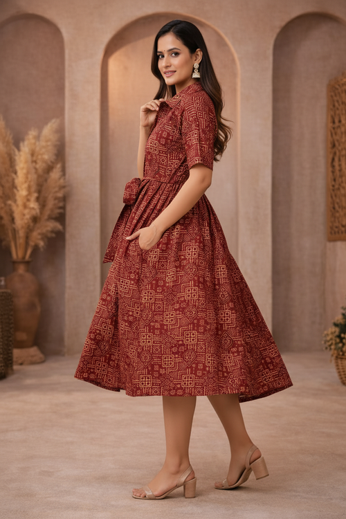 Side view of red patterned dress