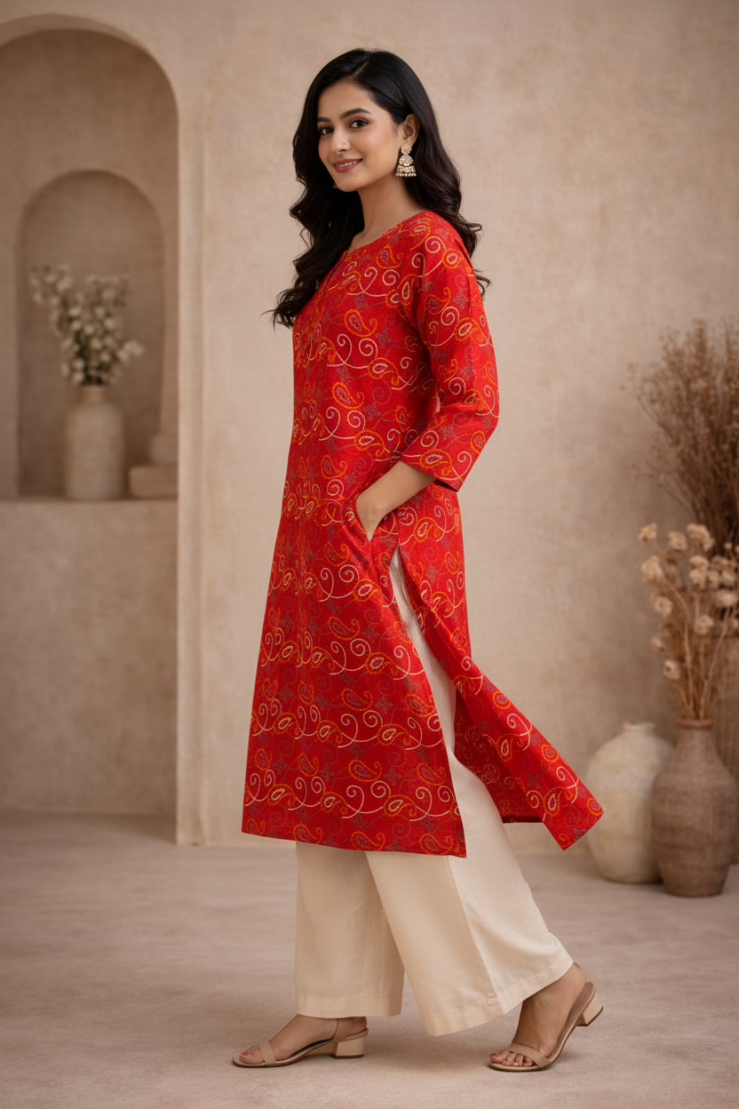 Side view of red printed kurti with palazzo