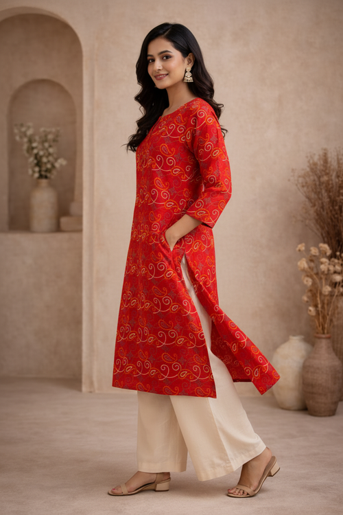 Side view of red printed kurti with palazzo