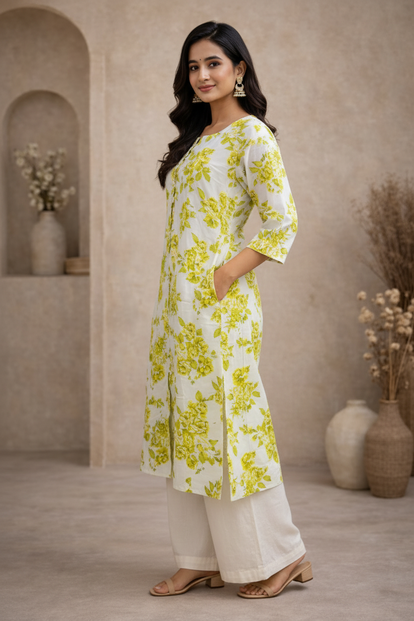 Side view of white kurti with lime green floral print