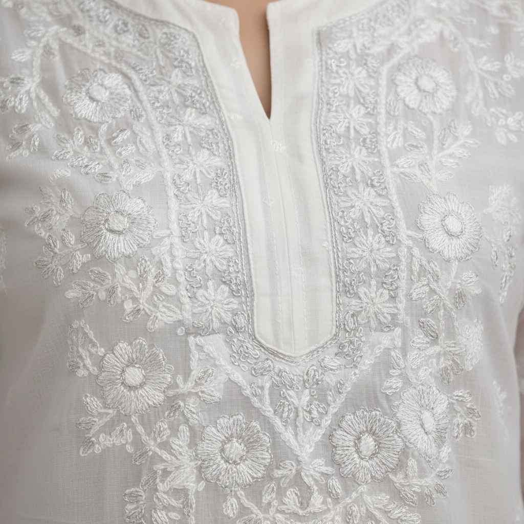 Silver embroidery detail close-up