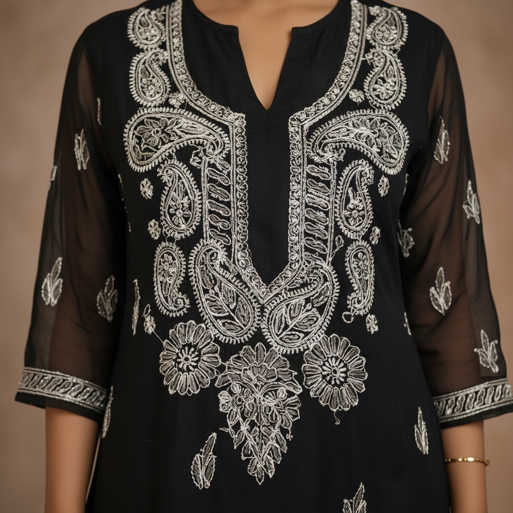 Silver embroidery detail close-up