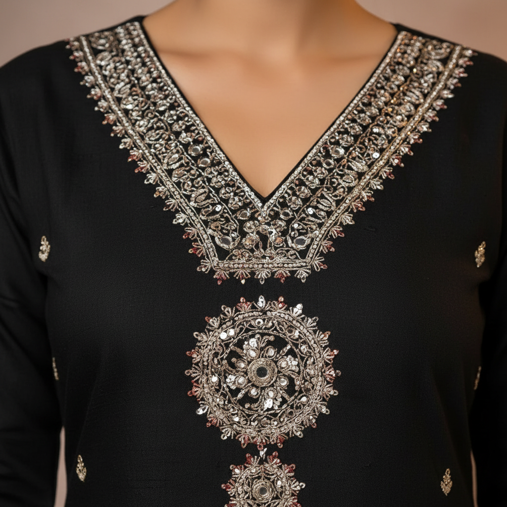 Silver embroidery detail close-up