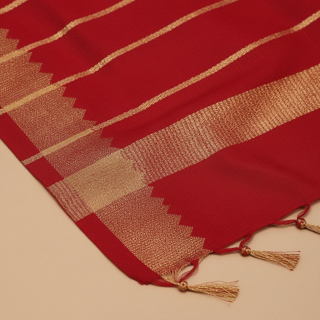 Texture shot – red silk weave & gold zari zigzag