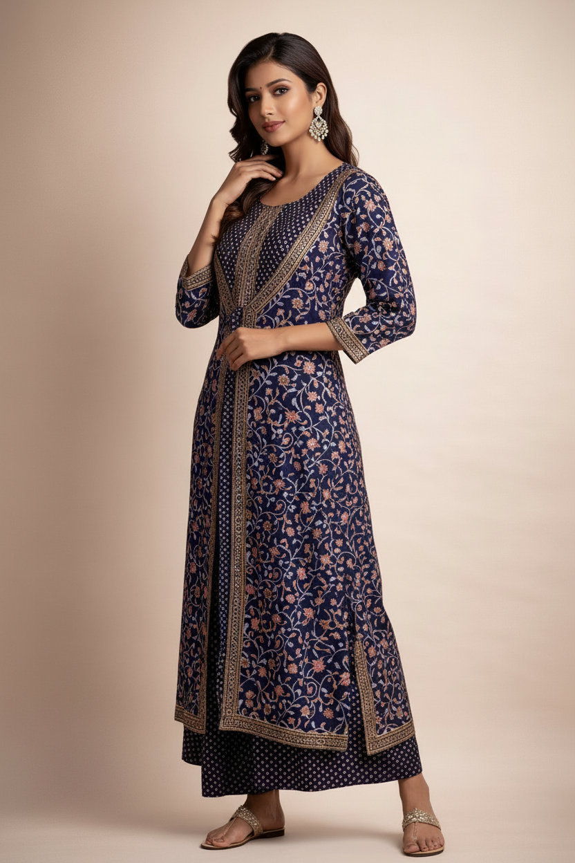 Three-quarter pose showing embroidery