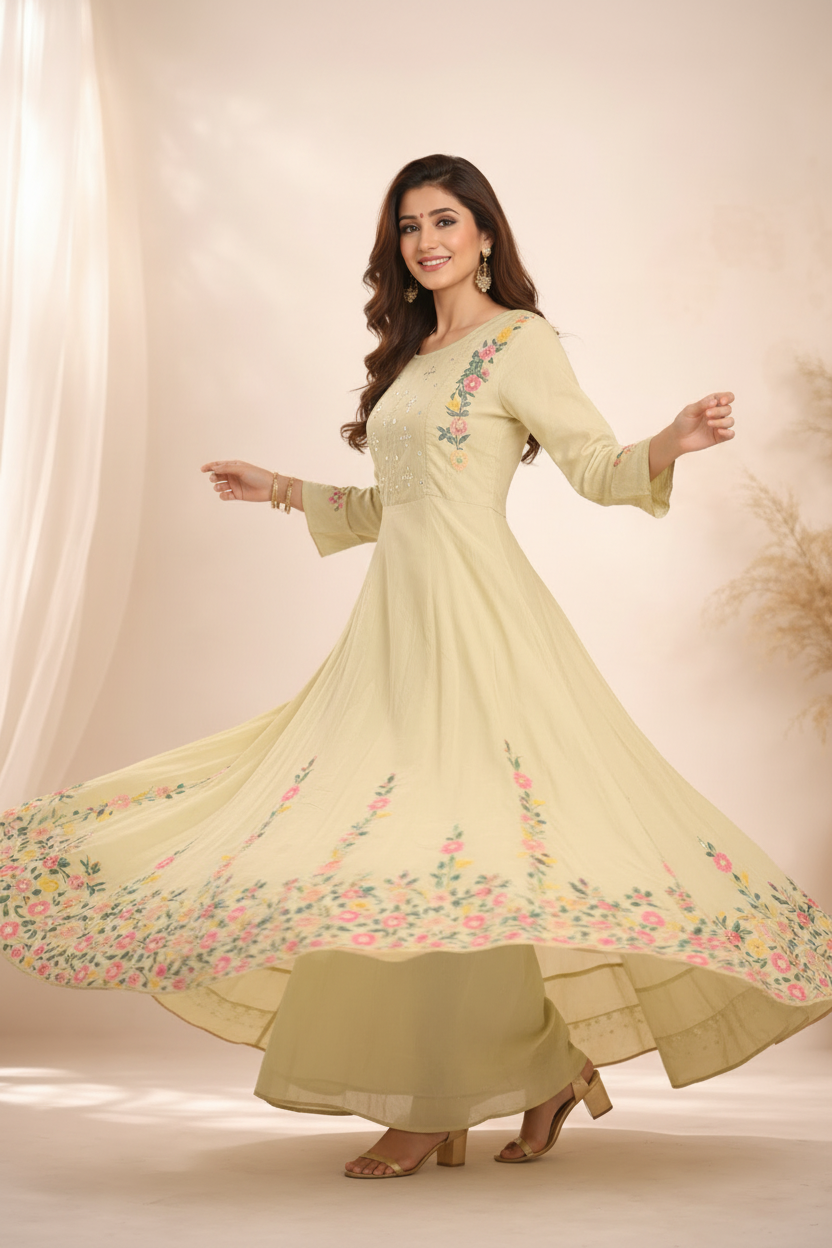 Twirl showing floral hem embroidery