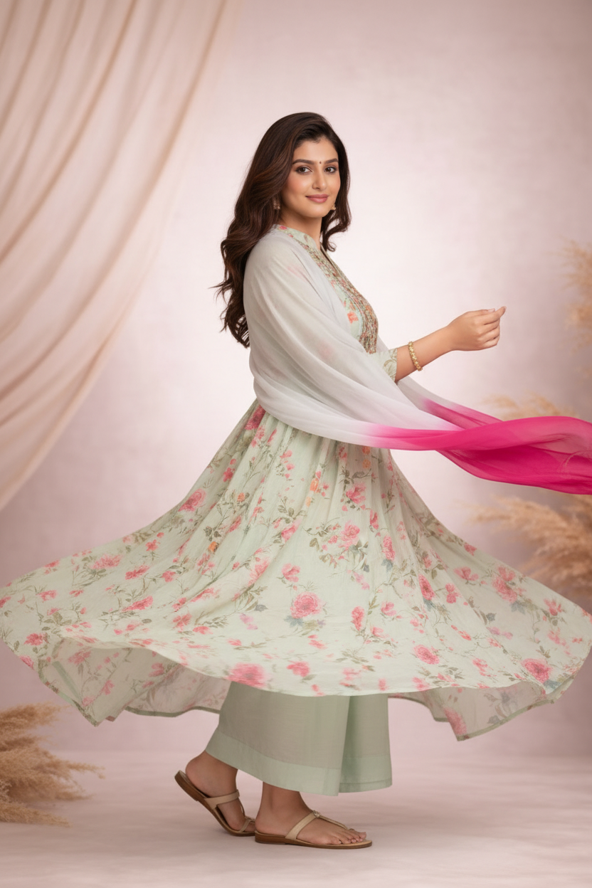 Twirl showing floral print and ombre dupatta