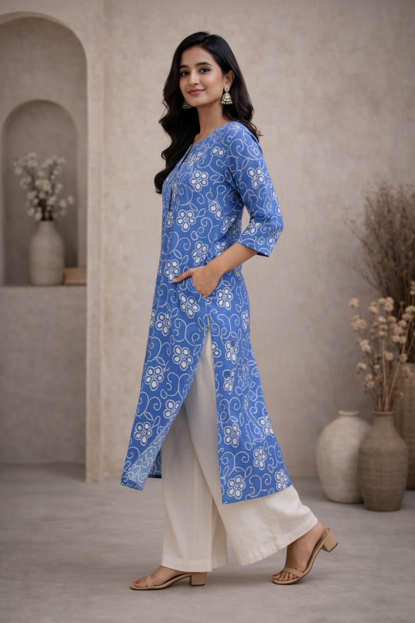 Walking pose in blue floral printed kurti with palazzo