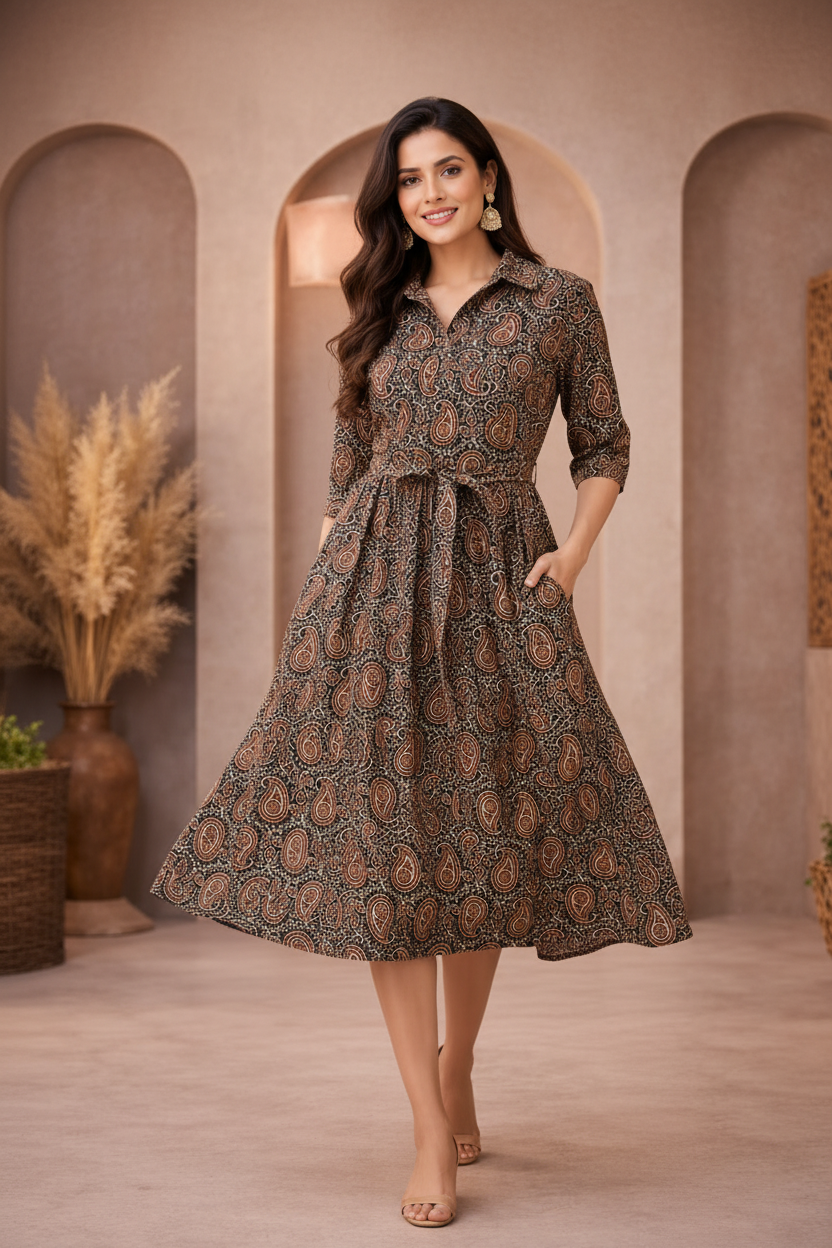 Walking pose in brown paisley patterned dress