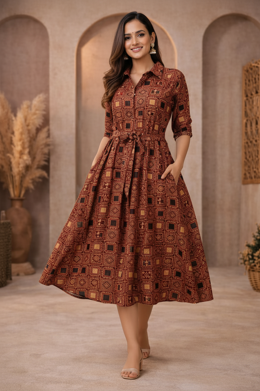 Walking pose in brown patterned dress