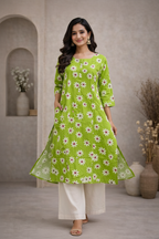 Walking pose in lime green kurti with daisy print