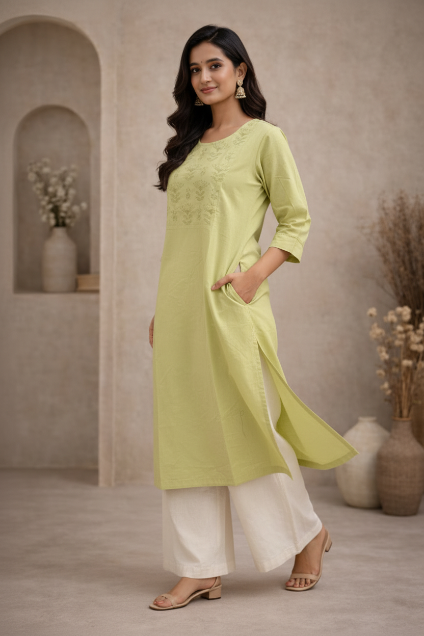 Walking pose in lime green kurti with palazzo