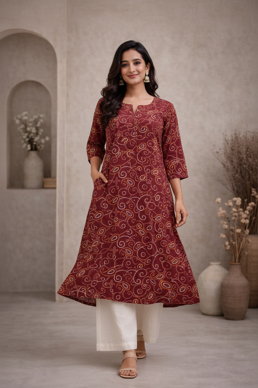 Walking pose in maroon printed kurti with palazzo