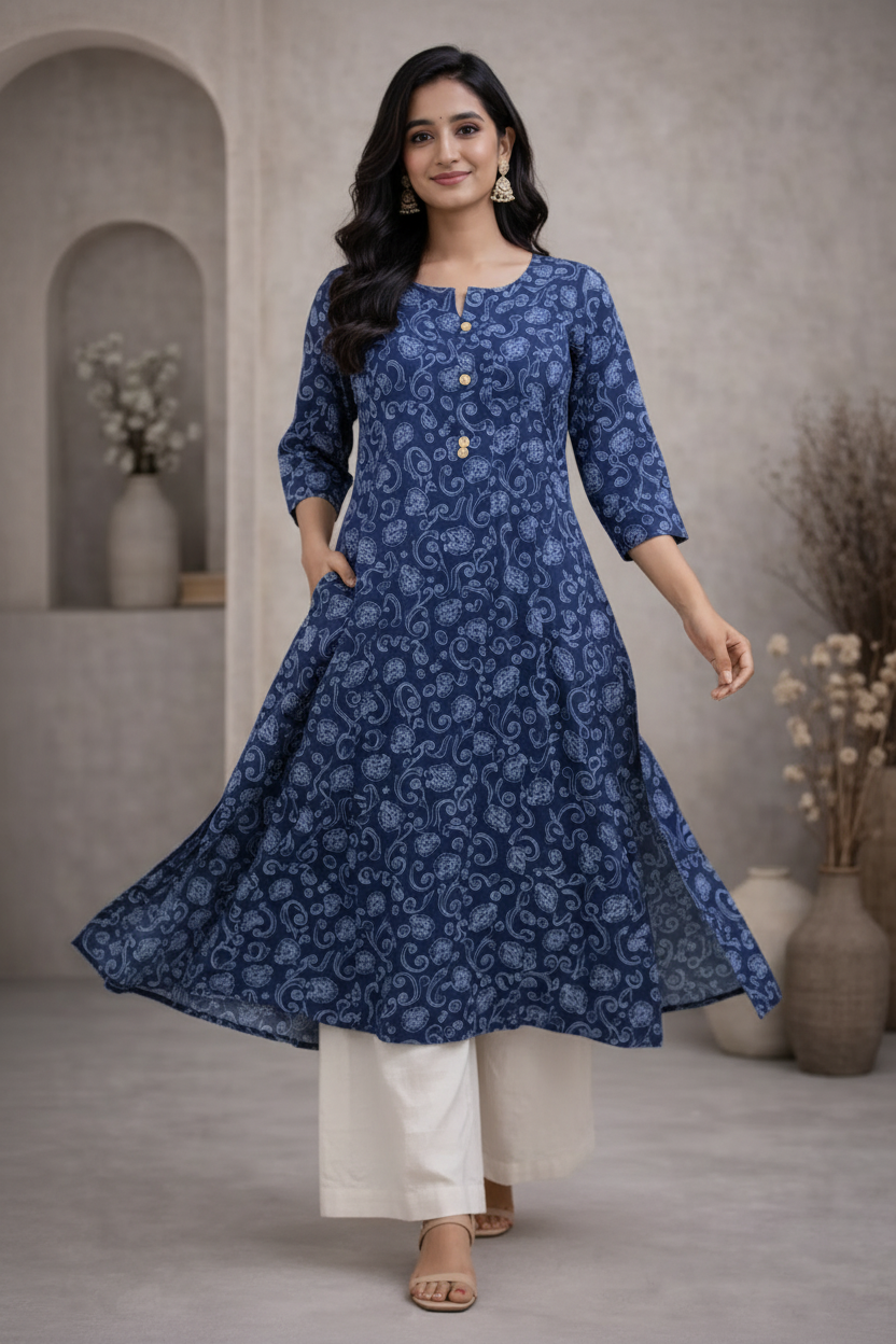 Walking pose in navy blue printed kurti with palazzo