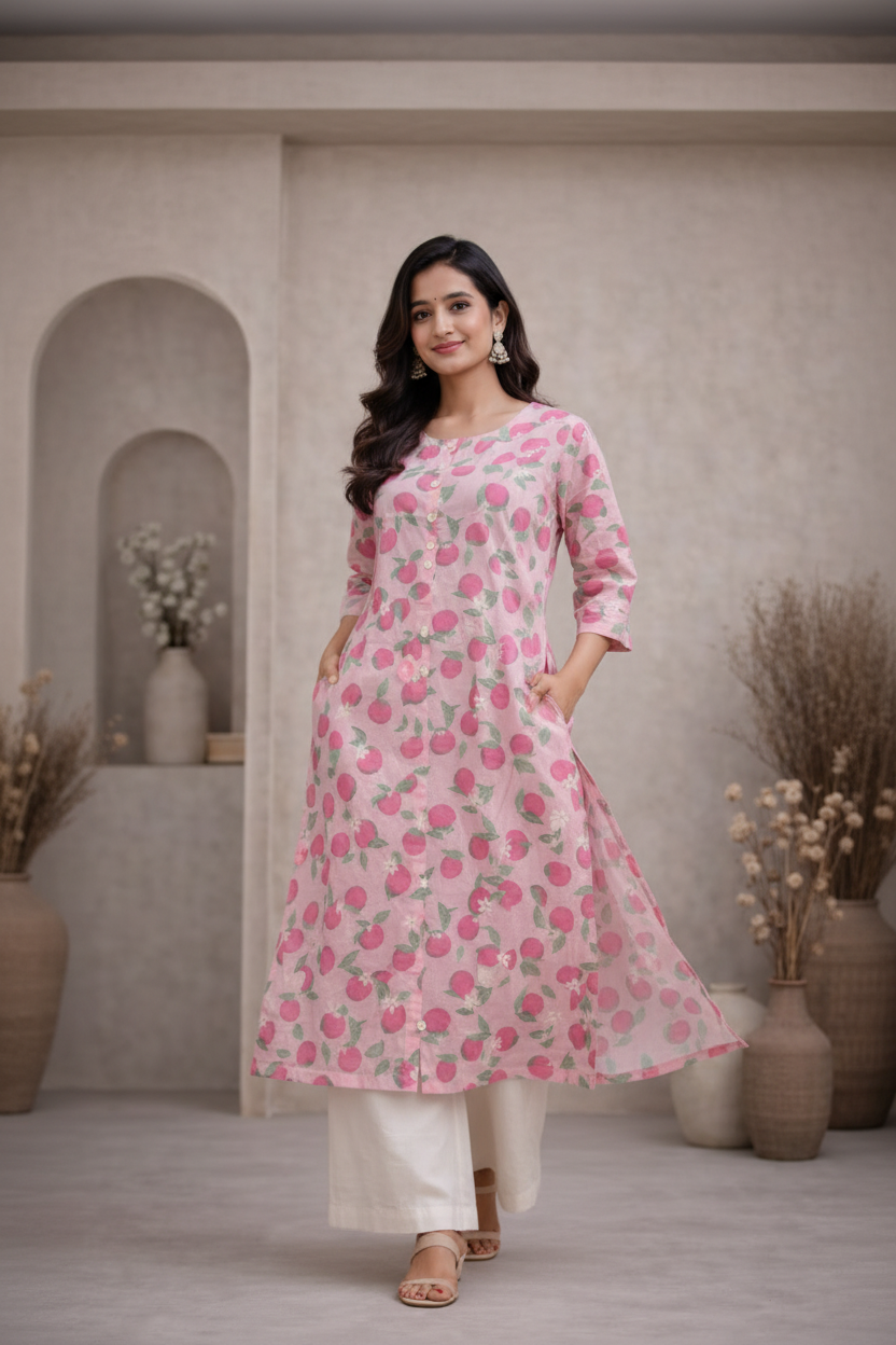 Walking pose in pink floral printed kurti with palazzo