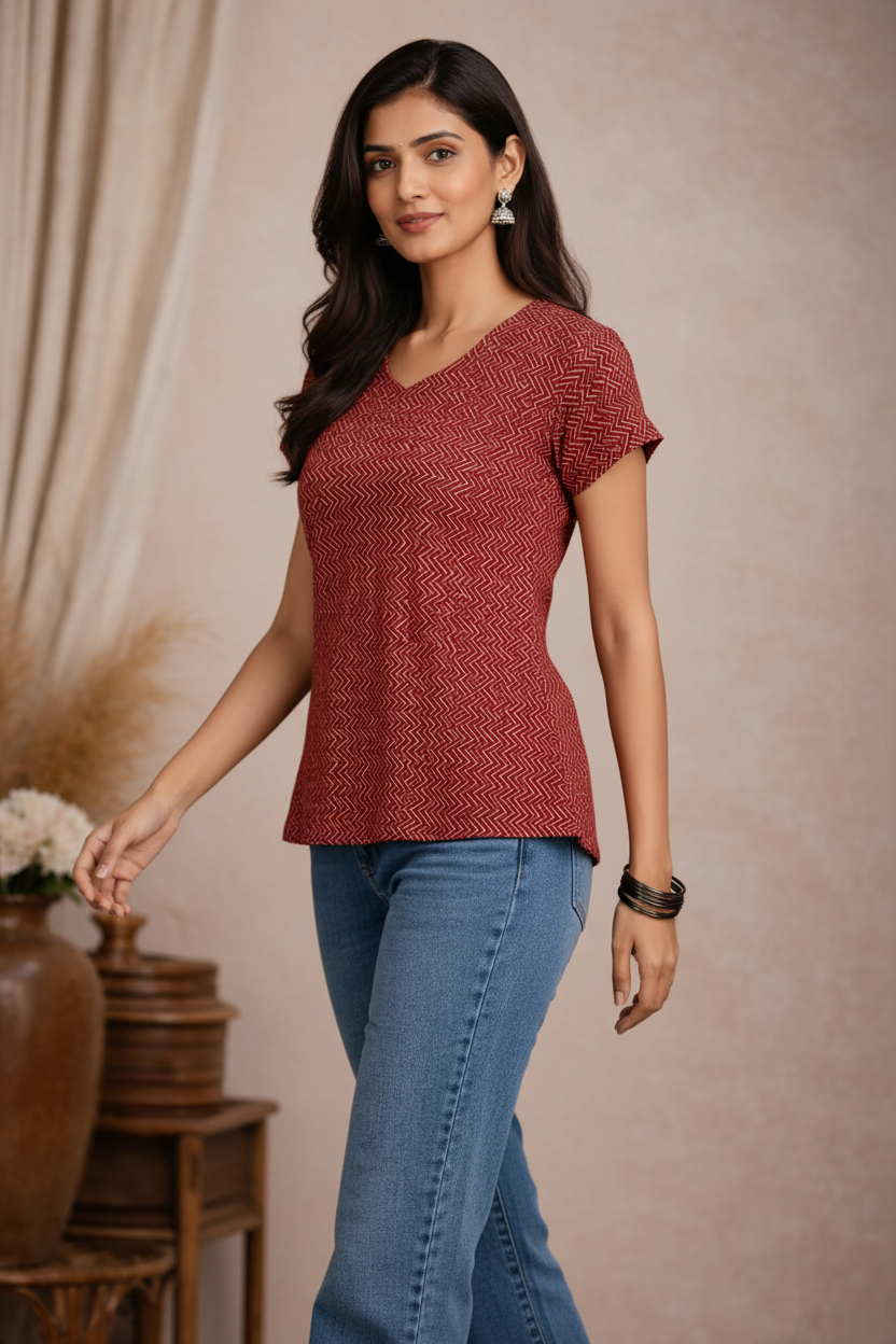 Walking pose in red chevron patterned top