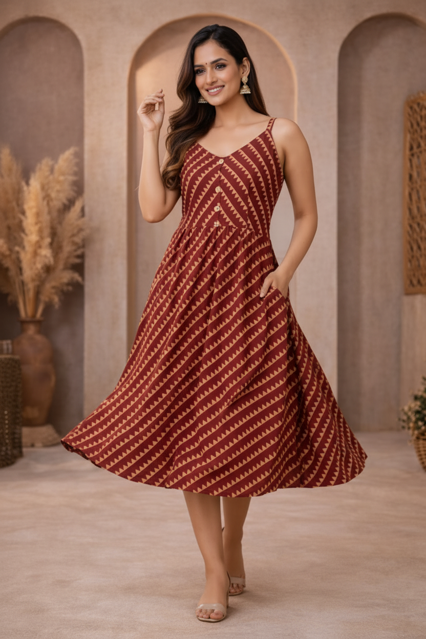 Walking pose in red diagonal striped dress