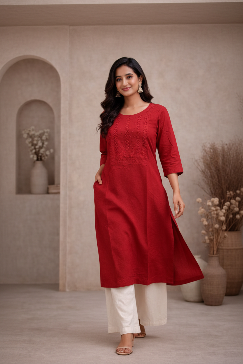 Walking pose in red kurti with embroidered yoke