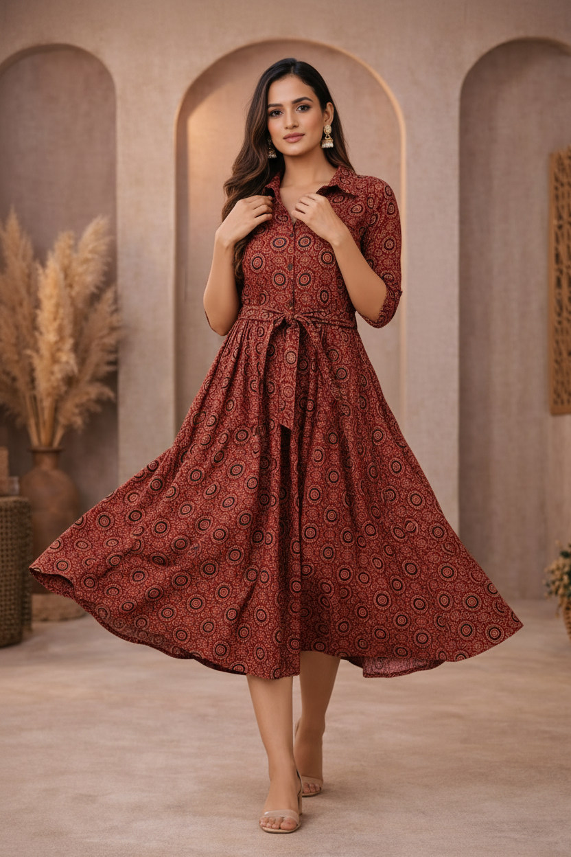 Walking pose in red medallion patterned dress