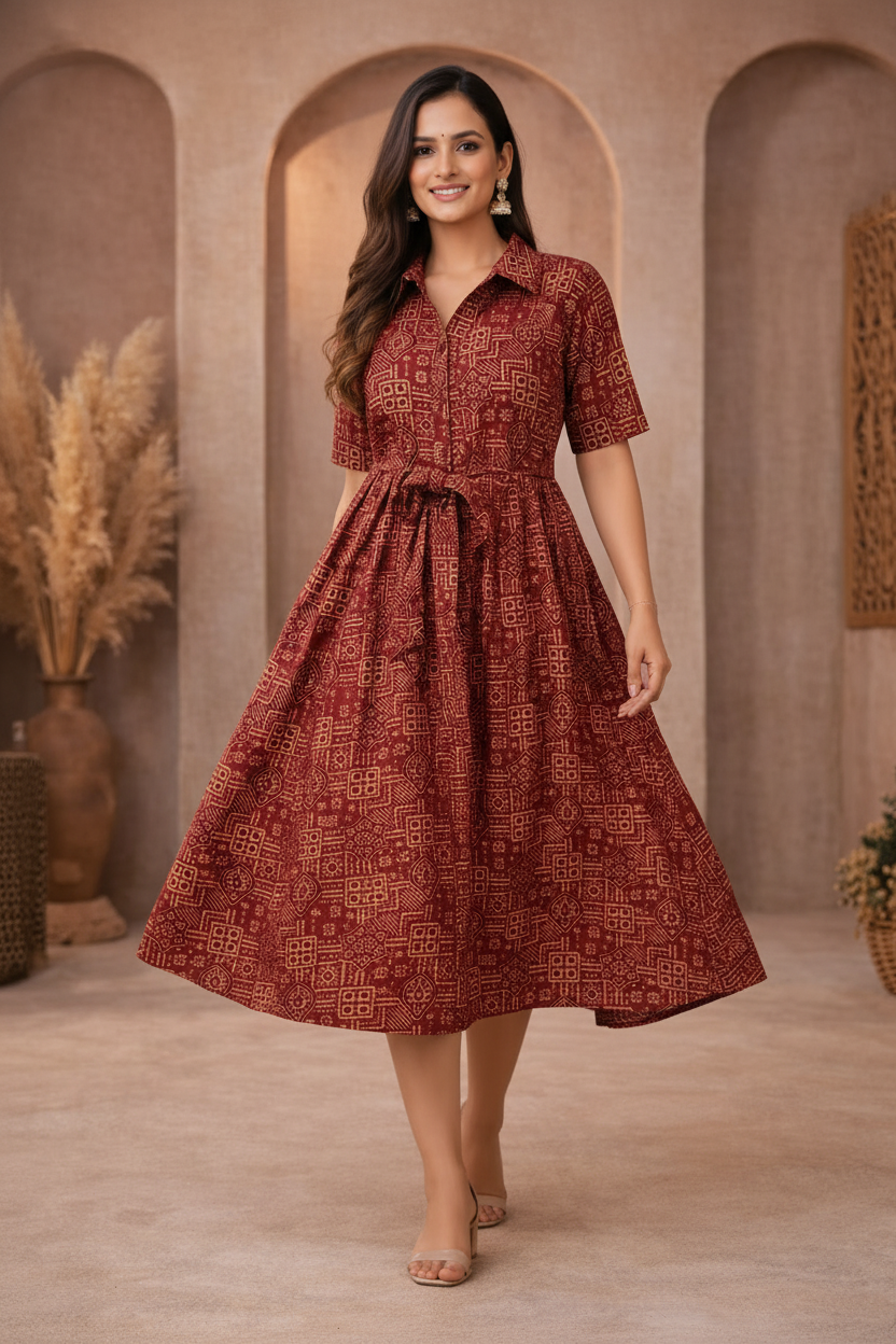 Walking pose in red patterned dress