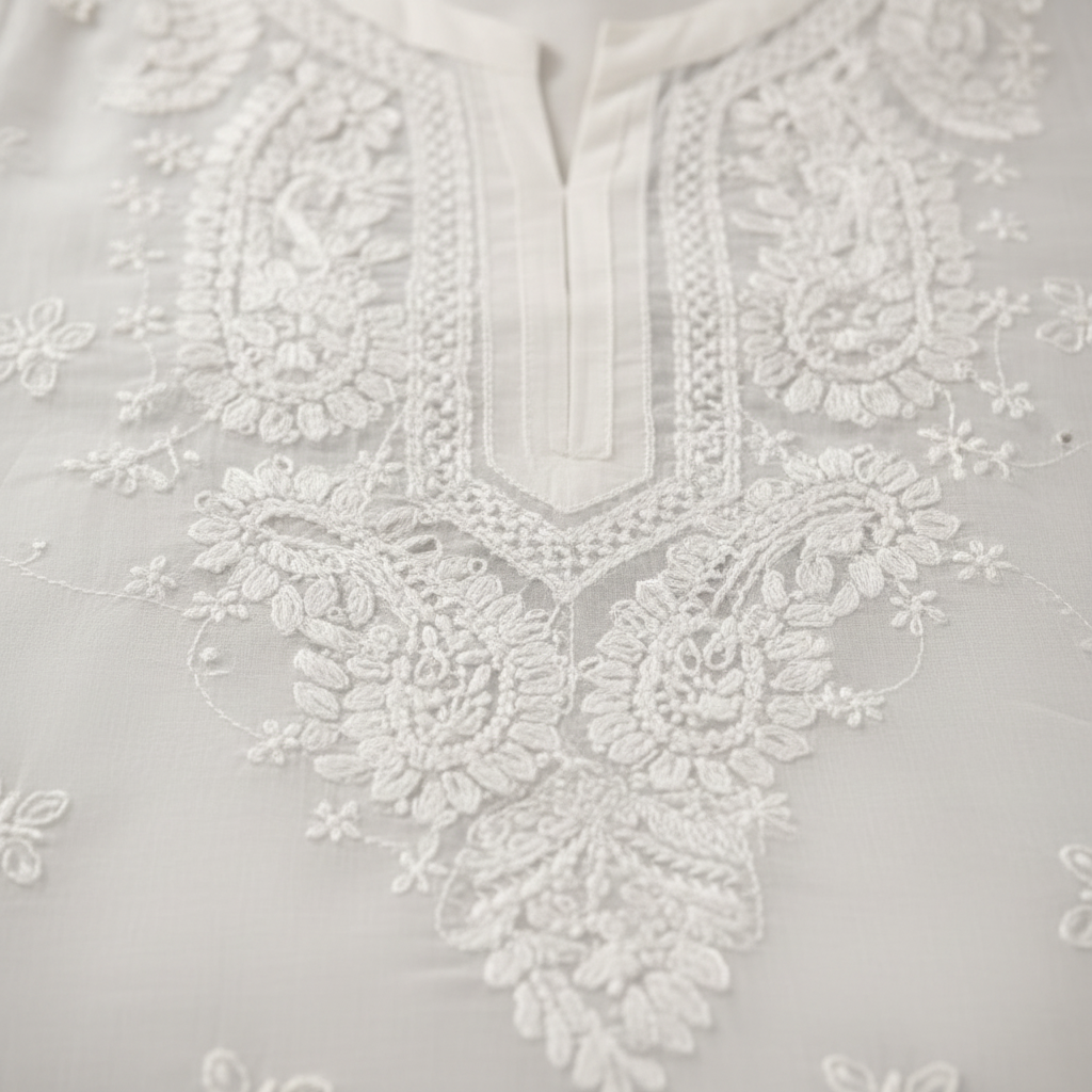 White embroidery detail close-up