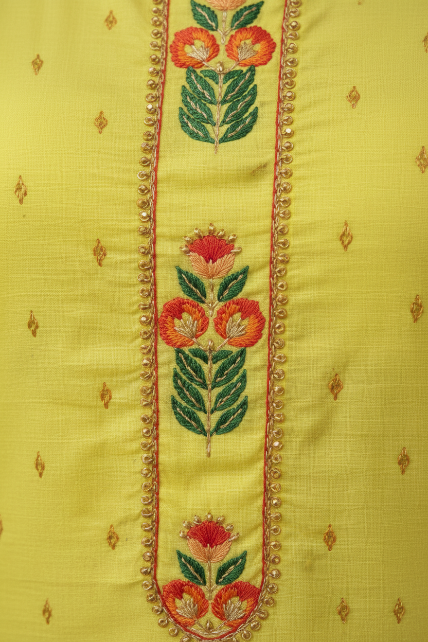 Yellow embroidered kurti close-up