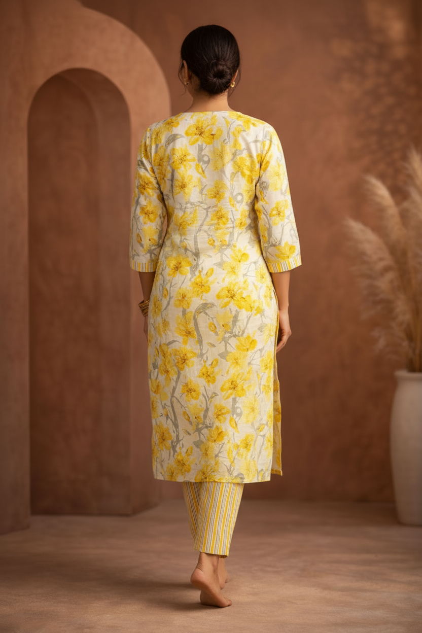 Yellow floral kurti back view