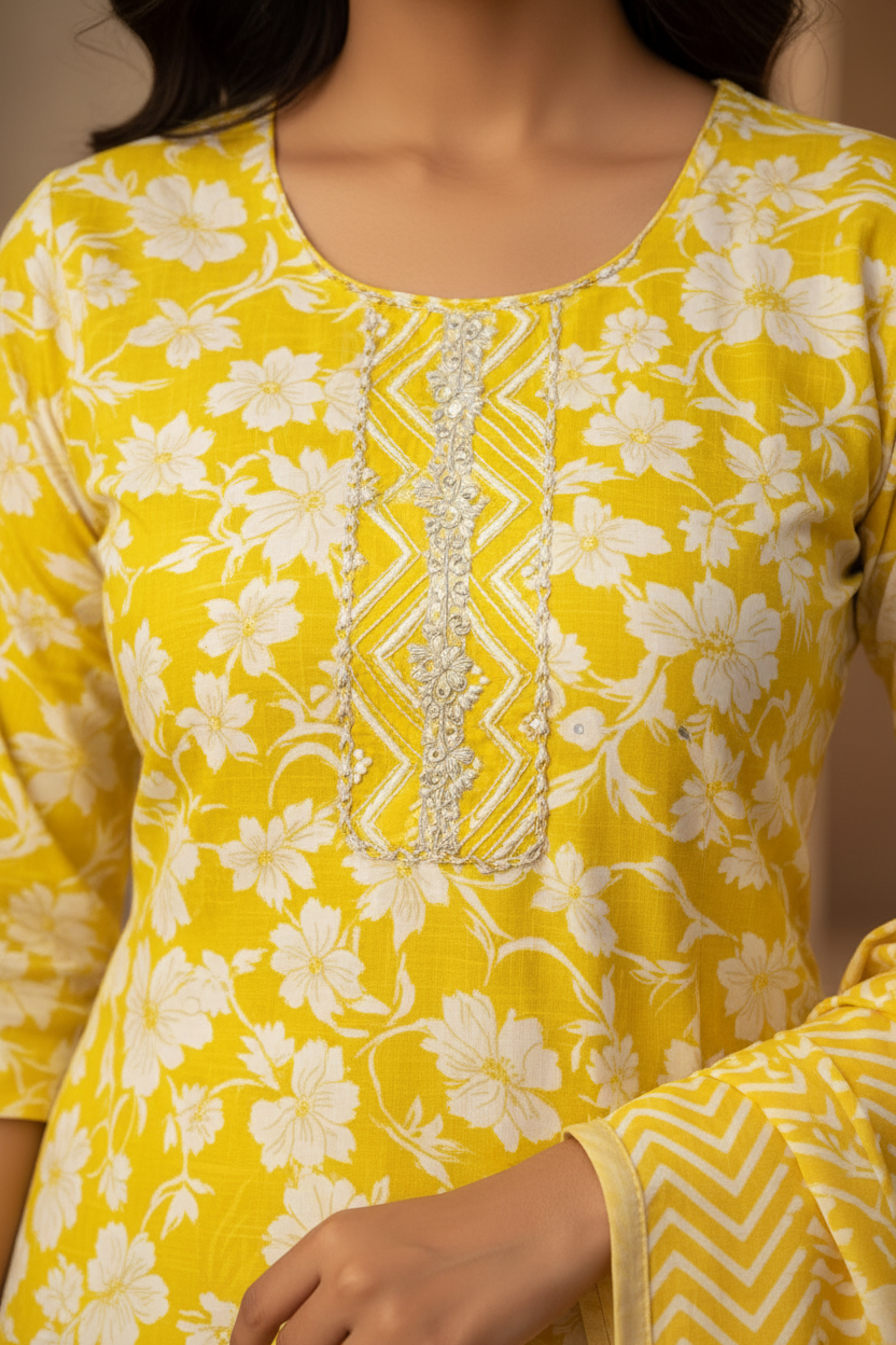 Yellow floral kurti close-up