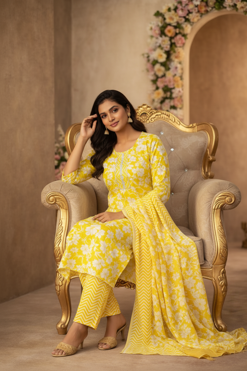 Yellow floral kurti leaning pose