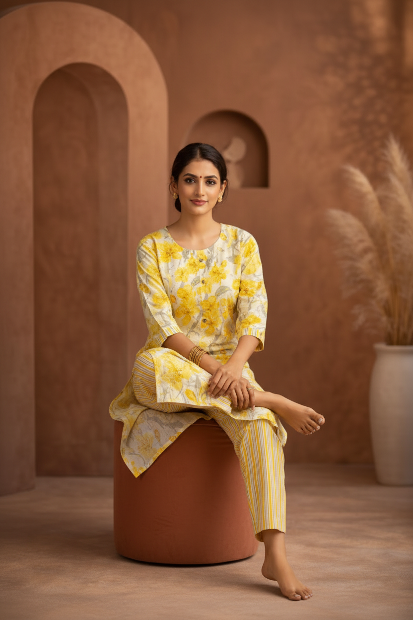 Yellow floral kurti seated pose