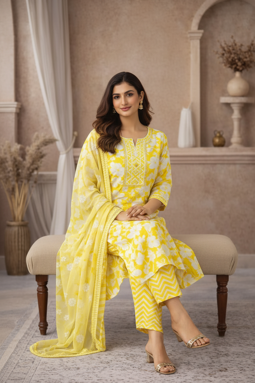 Yellow floral kurti seated pose