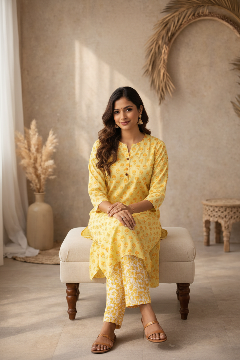 Yellow floral kurti seated pose