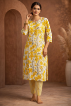 Yellow floral kurti side pose