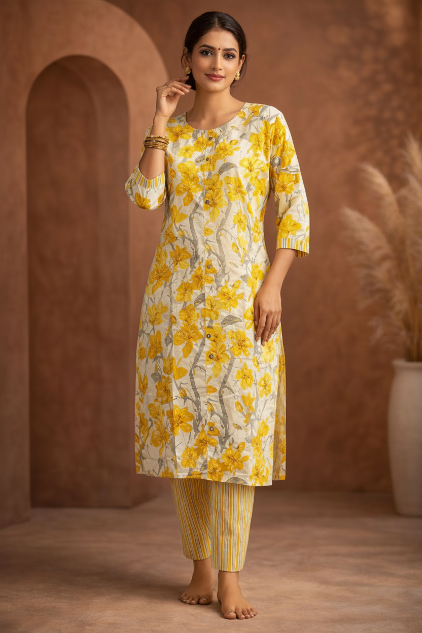 Yellow floral kurti side pose