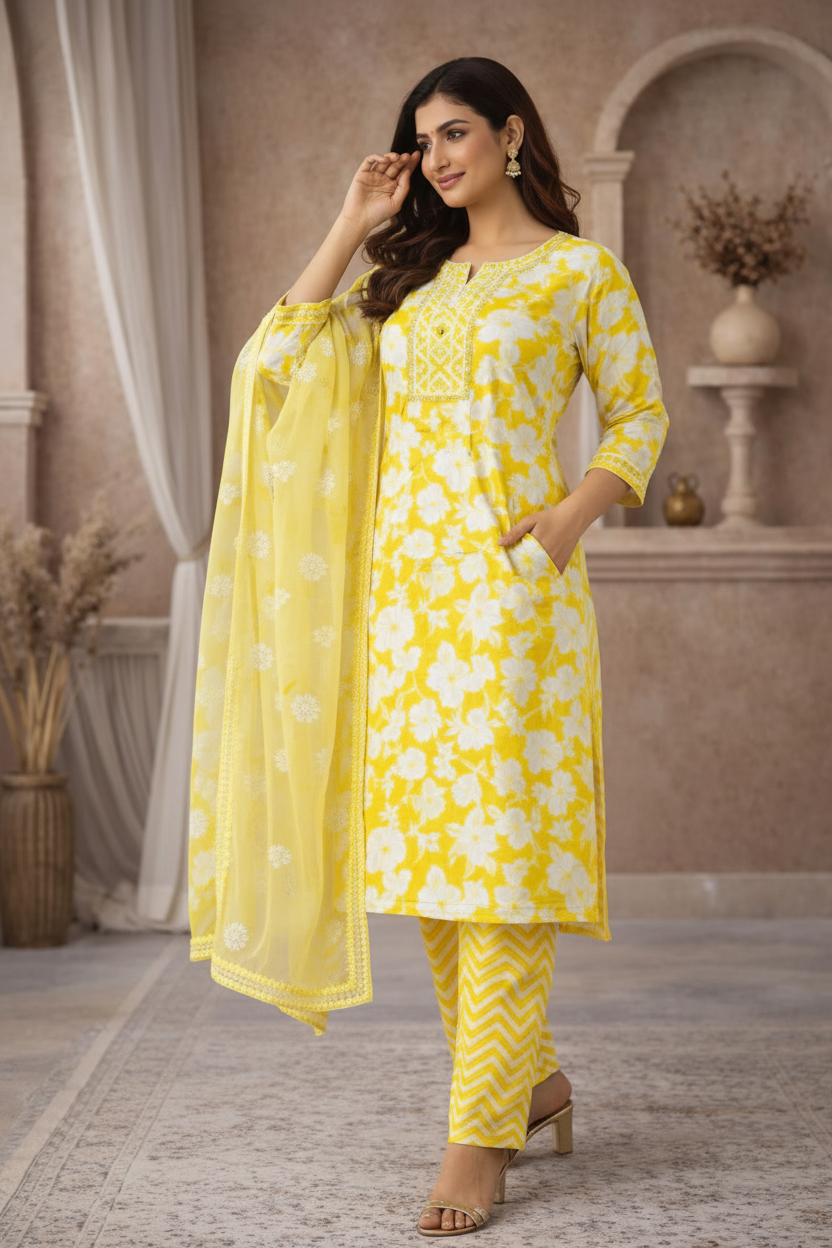Yellow floral kurti side pose