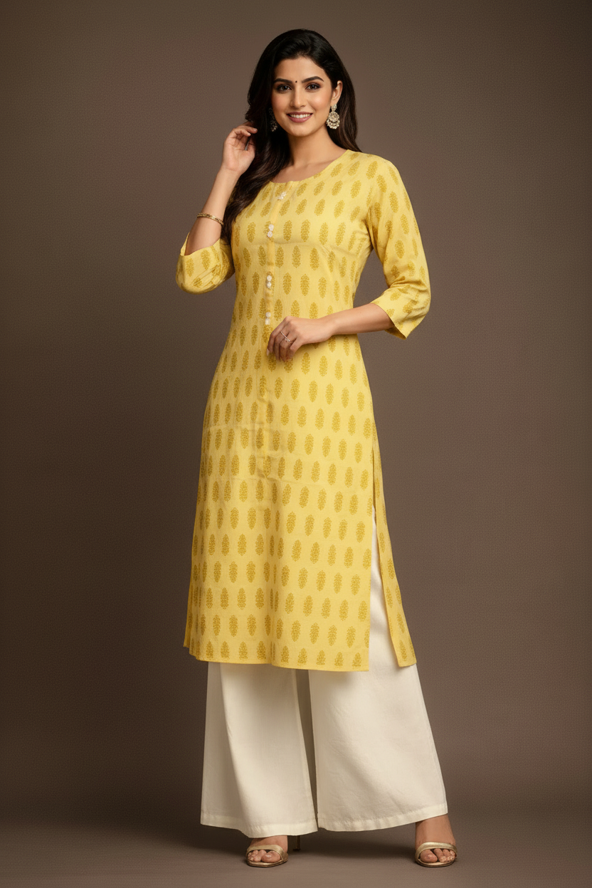 Yellow kurti with white churidar