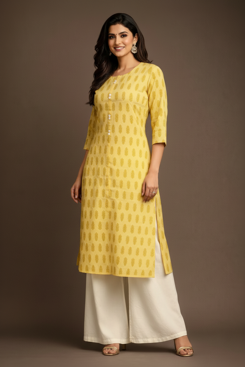 Yellow kurti with white palazzo